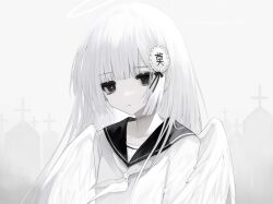 Rule 34 | 1girl, angel wings, blunt bangs, collarbone, cross, cross-shaped pupils, expressionless, floating hair, greyscale, hair ornament, half-closed eyes, highres, hime cut, long hair, looking at viewer, mismatched pupils, monochrome, neckerchief, original, parted lips, rope marks, school uniform, serafuku, solo, strangulation mark, symbol-shaped pupils, tombstone, translation request, upper body, wings, zi qi xiang