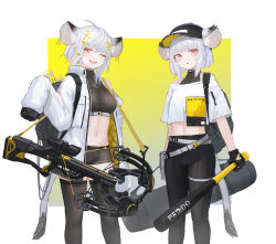 Rule 34 | 2girls, absurdres, animal ears, arrow (projectile), baseball bat, baseball cap, belt, black legwear, blunt bangs, border, bow (weapon), breasts, cow ears, cow tail, crop top, crossbow, crossbow bolt, earrings, gradient background, hair ornament, hairclip, hat, highres, huge filesize, jacket, jewelry, looking at viewer, medium breasts, midriff, mihato senba, multiple girls, navel, one eye closed, open clothes, open jacket, open mouth, original, red eyes, short shorts, shorts, sleeves past wrists, tail, thighhighs, weapon, white border, white hair