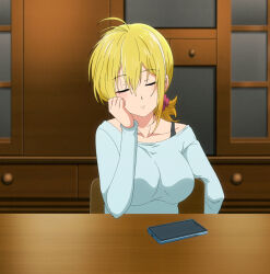 Rule 34 | 1girl, absurdres, aoba tsukuyo, blonde hair, breasts, cellphone, closed eyes, collarbone, hair between eyes, hair ornament, hair scrunchie, head rest, highres, large breasts, long sleeves, phone, pink scrunchie, ponytail, screencap, scrunchie, short ponytail, smartphone, stitched, temple (series), third-party edit