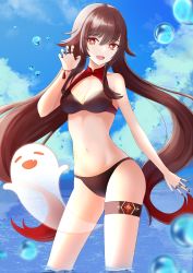 Rule 34 | 1girl, :d, absurdres, bead bracelet, beads, bikini, black bikini, black nails, blue sky, bracelet, breasts, brown hair, bubble, claw pose, cleavage, cloud, commentary request, contrapposto, day, floating hair, genshin impact, ghost, hair between eyes, hand up, highres, hu tao (genshin impact), jewelry, legs, long hair, looking at viewer, multiple rings, n8shiki, nail polish, navel, open mouth, outdoors, red eyes, red hair, ring, sky, small breasts, smile, solo, stomach, swimsuit, symbol-shaped pupils, tassel, thigh strap, thighs, twintails, very long hair, vision (genshin impact), wading, water