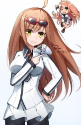 Rule 34 | 1girl, ahoge, black pantyhose, blouse, blush, character request, chibi, chibi inset, collared shirt, controller, cowboy shot, d-frag!, doria (p f dolia), drill hair, dualshock, eyes visible through hair, eyewear on head, game controller, gamepad, gradient background, hand on own hip, joystick, long hair, looking at viewer, miniskirt, multiple views, pantyhose, playstation controller, shirt, skirt, smile, standing, sunglasses, twin drills, v-shaped eyebrows, very long hair, white background, white shirt, yellow eyes