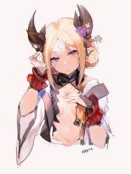 Rule 34 | 1girl, absurdres, artist name, blonde hair, breasts, closed mouth, clothing cutout, clover theater, commentary, cropped torso, facial mark, flower, forehead mark, hair flower, hair ornament, hands up, highres, horns, kitere, looking at viewer, navel, pointy ears, purple eyes, purple flower, simple background, small breasts, solo, stomach, stomach cutout, weili (clover theater), white background, wide sleeves