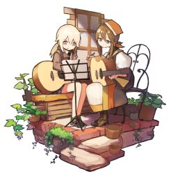 Rule 34 | 2girls, boots, brown hair, commentary request, dress, falcon (girls&#039; frontline), full body, girls&#039; frontline, grey hair, guitar, harufude, head scarf, holding, holding instrument, holding pencil, instrument, jacket, long hair, m200 (girls&#039; frontline), multiple girls, music stand, on bench, on chair, pencil, plant, potted plant, purple eyes, red eyes, sheet music, shoes, sitting, skirt, smile, sneakers, white background, window