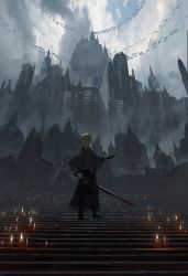 Rule 34 | 1girl, asteroid ill, blonde hair, building, candle, castle, city, cornea (asteroid ill), embers, fog, from side, hair over eyes, highres, holding, holding sword, holding weapon, long hair, original, outstretched hand, overcast, poncho, ruins, scenery, sky, solo, stairs, sword, tree, weapon