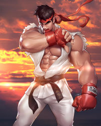 Rule 34 | 1boy, abs, absurdres, bara, bare shoulders, belt, black belt, black hair, boxing gloves, commentary, english commentary, feet out of frame, headband, highres, large pectorals, looking at viewer, male focus, muscular, muscular male, nipples, open clothes, patreon logo, patreon username, pectorals, red headband, ryu (street fighter), short hair, silverjow, sleeveless, solo, standing, street fighter, sunset, thick eyebrows, thick thighs, thighs, torn clothes, veins