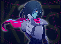 Rule 34 | 1other, androgynous, armor, artist name, bano akira, bishounen, black background, blue hair, blue skin, colored skin, deltarune, gauntlets, grid background, kris (deltarune), looking at viewer, one eye covered, parted lips, pointing, pointing at viewer, scarf, serious, signature, skinny, slit pupils, solo, striped clothes, striped scarf, yellow eyes