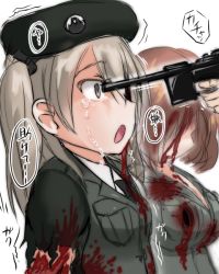 Rule 34 | 2girls, at gunpoint, azumi (girls und panzer), bad id, bad pixiv id, blood, blood on clothes, blood on face, blood splatter, breasts, bullet hole, commentary request, corpse, crying, death, emblem, ero guro, girls und panzer, gun, gun to head, guro, handgun, hat, headshot, injury, irb jp, japanese tankery league (emblem), multiple girls, selection university military uniform, shimada arisu, tears, torn clothes, torn sleeves, translation request, weapon