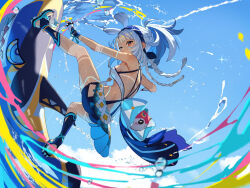 1girl bare_shoulders blue_hair blue_headband blue_sky body_markings breasts crop_top dark-skinned_female dark_skin fingerless_gloves genshin_impact gloves headband light_blue_hair long_hair medium_breasts mualani_(genshin_impact) red_eyes scottie_(phantom2) shark sky solo surfing tan water