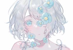Rule 34 | 10 io, 1girl, aqua eyes, aqua flower, bandaid, bandaid on neck, bare shoulders, flower on face, highres, looking at viewer, one eye covered, original, short hair, solo, white background