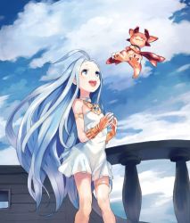 Rule 34 | 1girl, :d, ahoge, armlet, bare legs, bare shoulders, blue eyes, blue hair, blue sky, blush, bridal gauntlets, choker, cloud, cloudy sky, dress, flat chest, gem, gloves, granblue fantasy, image sample, jewelry, long hair, looking at another, looking up, lyria (granblue fantasy), open mouth, outstretched hand, short dress, simple background, sky, sleeveless, sleeveless dress, smile, standing, strapless, strapless dress, teeth, thigh strap, thighlet, twitter sample, upper teeth only, urayamashiro (artist), very long hair, vyrn (granblue fantasy), white dress