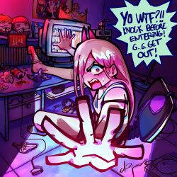 Rule 34 | 1girl, caught, chainsaw man, computer, controller, english text, feet on table, figure, game controller, hair over one eye, highres, horns, looking back, panties, power (chainsaw man), underwear, walk-in