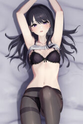 Rule 34 | 1girl, 24riside, absurdres, armpits, arms up, bed, black bra, black hair, black panties, black pantyhose, blush, bra, clothes lift, collarbone, from above, head tilt, highres, idolmaster, idolmaster shiny colors, kazano hiori, lace, lace bra, leg up, legs, long hair, looking at viewer, looking up, lying, mole, mole under mouth, navel, on back, open mouth, panties, pantyhose, purple eyes, shirt, shirt lift, solo, steam, tank top, thighs, underwear, underwear only, white shirt