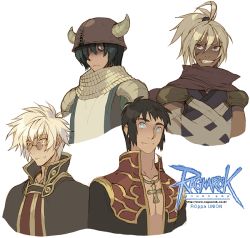 Rule 34 | 4boys, ahoge, armor, assassin (ragnarok online), bags under eyes, bandages, black coat, black hair, blue eyes, brown capelet, capelet, chainmail, closed mouth, coat, commentary, copyright name, cropped torso, cross, cross necklace, dark-skinned male, dark skin, dated commentary, english commentary, fake horns, glasses, grandyoukan, green eyes, green hair, grin, hair between eyes, hair over one eye, helmet, high ponytail, horned helmet, horns, jewelry, knight (ragnarok online), logo, looking at viewer, male focus, medium hair, multicolored coat, multiple boys, necklace, open clothes, open coat, pauldrons, pince-nez, priest (ragnarok online), purple shirt, ragnarok online, red coat, red eyes, red scarf, red shirt, scarf, shirt, short hair, shoulder armor, simple background, sleeveless, sleeveless shirt, smile, tabard, two-tone coat, upper body, white background, white hair, wizard (ragnarok online), yellow eyes