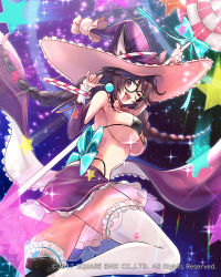 Rule 34 | 1girl, animal ears, asymmetrical legwear, bikini, black bikini, blurry, blurry background, bow, braid, breasts, brown hair, candy, cat ears, cleavage, detached collar, detached sleeves, ears through headwear, food, frills, from below, glasses, hat, highleg, highleg bikini, highres, large breasts, lollipop, long hair, looking at viewer, looking down, mappaninatta, mismatched legwear, navel, official art, one eye closed, open mouth, purple eyes, sarong, solo, standing, standing on one leg, striped clothes, striped thighhighs, swimsuit, thighhighs, tongue, tongue out, twin braids, venus rumble, vertical-striped clothes, vertical-striped thighhighs, watermark, witch hat