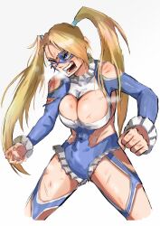 Rule 34 | 1girl, absurdres, bababaeki00, battle damage, blonde hair, blue eyes, breasts, cleavage, cleavage cutout, clothing cutout, frills, highres, large breasts, mask, rainbow mika, scrape, scratches, street fighter, street fighter v, torn clothes, torn mask, twintails, wrestling mask, wrestling outfit