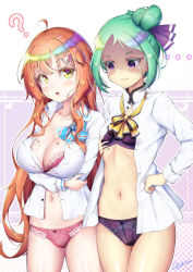 Rule 34 | 2girls, ?, ahoge, akizora mina, arms under breasts, bare legs, blouse, bra, breast envy, breasts, cleavage, closed mouth, collarbone, commentary request, cowboy shot, crossed arms, green hair, hair bun, hair ribbon, hand on own hip, highres, large breasts, long hair, looking at another, looking at viewer, mole, mole on breast, multiple girls, natsusora aona, navel, novady, open clothes, open mouth, open shirt, orange hair, original, panties, pink bra, pink panties, purple bra, purple eyes, purple panties, ribbon, school uniform, shirt, short hair, sidelocks, single hair bun, small breasts, standing, stomach, underwear, white shirt, yellow eyes
