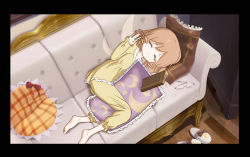 Rule 34 | 1girl, barefoot, birijian, black border, book, border, bow, brown bow, brown hair, closed eyes, closed mouth, commentary request, couch, crescent, drill hair, fairy wings, glasses, hand up, holding, holding book, indoors, long sleeves, luna child, lying, on side, pillow, red bow, short hair, sleepwear, slippers, smile, solo, touhou, wings, wooden floor