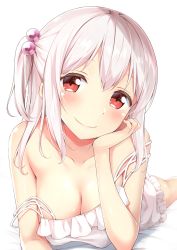 Rule 34 | 1girl, bad id, bad pixiv id, bare arms, bare shoulders, breasts, cleavage, closed mouth, hair bobbles, hair ornament, head tilt, highres, karutamo, large breasts, looking at viewer, lying, off shoulder, on stomach, one side up, original, red eyes, simple background, smile, solo, strap slip, tisshu (karutamo), white background, white hair