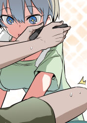 Rule 34 | + +, 1boy, 1girl, :d, ^^^, blue eyes, breasts, controller, game controller, green shirt, grey hair, hair between eyes, hitotose rin, large breasts, open mouth, out of frame, shirt, short hair, simple background, smile, solo focus, sparkle background, sweat, towel, towel around neck, uzaki-chan wa asobitai!, uzaki hana