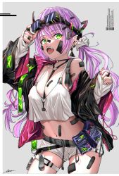 Rule 34 | 1girl, aleth, alternate costume, bandaid, belt, black jacket, breasts, choker, cleavage, collarbone, earrings, fangs, fashion, glasses, goggles, goggles on head, green eyes, highres, hololive, jacket, jacket on shoulders, jewelry, long hair, nail polish, navel, o-ring, o-ring choker, open clothes, open mouth, pink hair, short shorts, shorts, solo, tank top, tokoyami towa, virtual youtuber