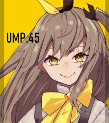 Rule 34 | 1girl, bow, bowtie, brown eyes, brown hair, character name, commentary, girls&#039; frontline, hachimori niki, hair between eyes, hair ribbon, looking at viewer, official alternate costume, one side up, ribbon, scar, scar across eye, scar on face, shirt, smile, solo, ump45 (girls&#039; frontline), ump45 (the wish-making sorceress of fireworks) (girls&#039; frontline), upper body, white shirt, yellow background, yellow bow, yellow bowtie, yellow eyes