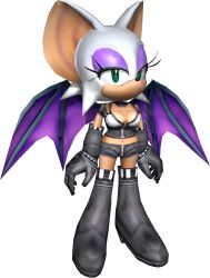 Rule 34 | 1girl, 3d, absurdres, alternate costume, bat wings, black gloves, boots, breasts, cleavage, furry, furry female, gloves, green eyes, highres, large breasts, looking at viewer, makeup, midriff, navel, official alternate costume, official art, rouge the bat, sega, shorts, solo, sonic (series), sonic adventure 2, wings