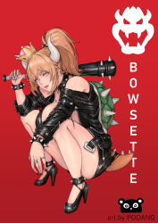 Rule 34 | 1girl, absurdres, armlet, artist name, bare legs, bare shoulders, baseball bat, belt buckle, black bra, black footwear, black jacket, blonde hair, blue eyes, blush, bowser logo, bowsette, bra, bra strap, bracelet, breasts, buckle, character name, collar, commentary, fang, fingernails, full body, high heels, highres, horns, jacket, jewelry, large breasts, leather, leather jacket, lips, long hair, looking at viewer, mario (series), nail, nail bat, nail polish, new super mario bros. u deluxe, nintendo, off shoulder, open clothes, open jacket, over shoulder, parted lips, paul dang (podang), pointy ears, ponytail, red background, ring, sharp teeth, simple background, slit pupils, solo, spiked anklet, spiked armlet, spiked belt, spiked bracelet, spiked collar, spiked shell, spiked tail, spikes, squatting, super crown, tail, teeth, thick eyebrows, torn clothes, turtle shell, underwear, zipper