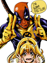 Rule 34 | 10s, 1boy, 1girl, blonde hair, bodysuit, crossover, cure peace, deadpool, deadpool (series), double v, english text, gloves, hair flaps, hair ornament, hairpin, kise yayoi, long hair, marvel, mask, precure, shibusun, smile precure!, sweat, v, white background, wide ponytail