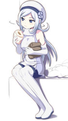 Rule 34 | 10s, 1girl, aila jyrkiainen, bag, baozi, bare shoulders, blue eyes, blush, boots, caryo, dress, eating, elbow gloves, food, gloves, gundam, gundam build fighters, hat, long hair, looking away, motion lines, nanashino, pantyhose, paper bag, shadow, silver hair, simple background, sitting, solo, thigh boots, thighhighs, white background, white gloves