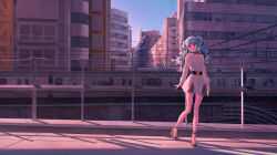 Rule 34 | 1girl, absurdres, anklet, belt, black belt, black footwear, black ribbon, blue eyes, blue hair, blush, buckle, building, chain-link fence, cityscape, clothing cutout, dilemma (vocaloid), dress, evening, fence, foot up, full body, hair ribbon, hatsune miku, heterochromia, high heels, highres, industrial pipe, jewelry, legs apart, long bangs, long hair, outdoors, parted lips, power lines, railroad tracks, red eyes, ribbon, scenery, shadow, shibuya (tokyo), short dress, shoulder cutout, sign, solo, teeth, tokyo (city), train, truss, turu, twintails, utility pole, vocaloid, white dress, wide shot
