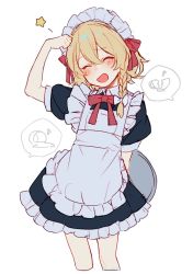 Rule 34 | 1girl, alternate costume, apron, arm up, black dress, blonde hair, blush, bow, bowtie, braid, closed eyes, crossed bangs, cup, dress, frills, grey apron, hair bow, hair ribbon, hand up, highres, jill 07km, kirisame marisa, maid, maid headdress, open mouth, puffy short sleeves, puffy sleeves, red bow, red bowtie, red ribbon, ribbon, short hair, short sleeves, simple background, single braid, smile, solo, speech bubble, star (symbol), touhou, tray, water, white background, white bow