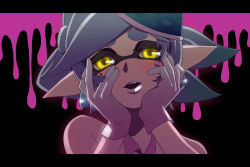 Rule 34 | 1girl, bad id, bad pixiv id, gloves, grey hair, hands on own cheeks, hands on own face, ho4, inkling, letterboxed, looking at viewer, marie (splatoon), nintendo, pointy ears, short hair, simple background, solo, splatoon (series), splatoon 1, white gloves, yandere trance, yellow eyes