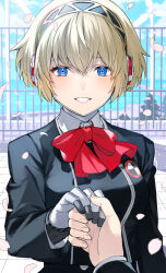 Rule 34 | 1girl, aegis (persona), android, black hairband, black jacket, blonde hair, blue eyes, commentary request, fingernails, gekkoukan high school uniform, gold trim, grin, hair between eyes, hairband, highres, jacket, kinagi (3307377), long sleeves, looking at viewer, neck ribbon, out of frame, outdoors, persona, persona 3, petals, pov, pov hands, red ribbon, ribbon, robot ears, school uniform, short hair, smile