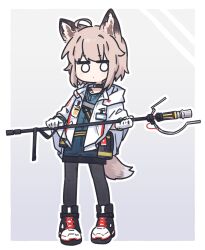 Rule 34 | 1girl, ahoge, animal ear fluff, animal ears, arknights, black choker, black pantyhose, border, brown hair, choker, commentary, fox ears, fox girl, fox tail, gloves, gradient background, highres, holding, holding staff, infection monitor (arknights), jacket, jitome, material growth, oripathy lesion (arknights), outline, outside border, pantyhose, seal 007, shoes, short hair, sneakers, solo, staff, sussurro (arknights), symbol-only commentary, tail, white border, white gloves, white jacket, white outline