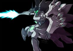 Rule 34 | absurdres, antinora, arm blade, artist name, black background, commission, energy blade, heyzan, highres, mecha, mechanical wings, no humans, open hand, robot, science fiction, skeb commission, super robot wars, super robot wars alpha, super robot wars alpha 1, visor, weapon, wings