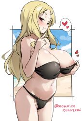 Rule 34 | 1girl, beach, bikini, black bikini, blonde hair, blush, breasts, cleavage, closed mouth, commentary request, heart, highres, large breasts, long hair, looking at viewer, mole, mole under mouth, momoiro tunozemi, naughty face, navel, nipple slip, nipples, ocean, outdoors, parted bangs, red eyes, senran kagura, senran kagura estival versus, senran kagura shinovi versus, shiki (senran kagura), smile, solo, spoken heart, standing, swimsuit, twitter username, white background