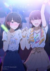 Rule 34 | 2girls, audience, blue eyes, blush, bob cut, breasts, brown hair, cheering, closed eyes, embarrassed, glowstick, highres, holding, holding glowstick, holding hands, multiple girls, muromaki, original, short twintails, skirt, small breasts, stage lights, twintails, wristband, yuri