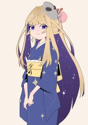 Rule 34 | 1girl, absurdres, amanogawa shiina, blonde hair, blue kimono, blunt bangs, colored inner hair, grey mask, hair ornament, hair stick, highres, japanese clothes, jushikuroni, kimono, long hair, looking at viewer, mask, mask on head, multicolored hair, obi, obijime, own hands together, phase connect, purple eyes, sash, sidelocks, smile, solo, space print, star (symbol), starry sky print, very long hair, virtual youtuber