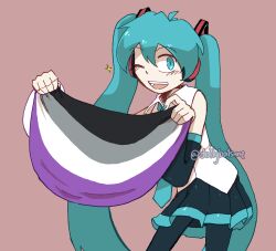 Rule 34 | 1girl, aqua eyes, aqua hair, aqua necktie, asexual flag, black skirt, black sleeves, blush, brown background, collared shirt, commentary, cowboy shot, detached sleeves, english commentary, flag, hair between eyes, hair ornament, hatsune miku, headphones, highres, holding, holding flag, lgbt pride, long hair, long sleeves, looking at viewer, necktie, odakuram, one eye closed, open mouth, pleated skirt, shirt, simple background, skirt, sleeveless, sleeveless shirt, smile, solo, standing, twintails, twitter username, very long hair, vocaloid, watermark, white shirt
