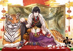 Rule 34 | 1boy, alcohol, architecture, bishounen, black hair, earrings, east asian architecture, fur, hair between eyes, highres, jewelry, looking at viewer, makura wet, male focus, original, red hair, sitting, solo, tassel, tiger, traditional clothes