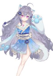 Rule 34 | 1girl, ahoge, animal ear fluff, animal ears, animal hands, blue dress, blue flower, braid, brown dust 2, cat ears, cat girl, cat paws, cat tail, chest tattoo, closed mouth, dress, eyebrows hidden by hair, feet out of frame, flat chest, flower, flower-shaped pupils, grey hair, hair between eyes, hair flower, hair ornament, highres, light blush, long hair, looking at viewer, obi, pink eyes, rou (brown dust), sash, side slit, simple background, solo, symbol-shaped pupils, tail, tattoo, user yndu8588, very long hair, white sash