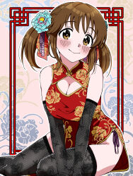 Rule 34 | 1girl, bare shoulders, black gloves, black thighhighs, blue flower, blush, bow, breasts, brown eyes, brown hair, china dress, chinese clothes, cleavage, cleavage cutout, closed mouth, clothing cutout, dr. gero (staedtler 0508), dress, elbow gloves, floral background, floral print, flower, gloves, hair bow, hair flower, hair ornament, hair ribbon, highres, idolmaster, idolmaster cinderella girls, idolmaster cinderella girls starlight stage, large breasts, long hair, looking at viewer, panty straps, pelvic curtain, pink background, print dress, print gloves, print thighhighs, red dress, red ribbon, ribbon, side slit, sitting, sleeveless, sleeveless dress, smile, solo, thighhighs, totoki airi, twintails