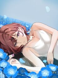 Rule 34 | 1girl, absurdres, brown hair, camisole, dress, flower, hair ornament, hairclip, highres, higuchi madoka, idolmaster, idolmaster shiny colors, lying, mole, mole under eye, nonbire, on side, partially submerged, purple eyes, revision, short hair, sleeveless, sleeveless dress, solo, swept bangs, upper body, white dress