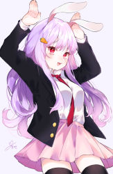 Rule 34 | 1girl, :d, absurdres, animal ears, arms up, between breasts, black jacket, black thighhighs, breasts, carrot hair ornament, cowboy shot, food-themed hair ornament, hair ornament, highres, jacket, light blush, long hair, looking at viewer, medium breasts, necktie, open mouth, pink skirt, pleated skirt, purple hair, rabbit ears, rabbit pose, red eyes, red necktie, reisen udongein inaba, shirt, signature, simple background, skirt, smile, solo, standing, thighhighs, touhou, very long hair, white background, white shirt, youtan, zettai ryouiki