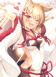 Rule 34 | 1girl, ;d, animal ear fluff, animal ears, bad id, bad pixiv id, blonde hair, blush, breasts, brown eyes, commentary request, dog ears, erune, granblue fantasy, hair ornament, heart, looking at viewer, medium breasts, mutsuba fumi, one eye closed, open mouth, outstretched arms, shawl, short hair, side slit, simple background, smile, solo, spread arms, tail, vajra (granblue fantasy), white background, wide sleeves