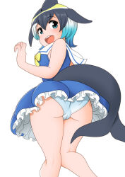 Rule 34 | animal ears, ass, ass focus, bagua zhang, black hair, blonde hair, blowhole, blue eyes, blue hair, blush, bow, cameltoe, cetacean tail, cleft of venus, common dolphin (kemono friends), dolphin girl, dorsal fin, dress, fins, fish tail, from behind, from below, grey hair, kemono friends, kemono friends 3, multicolored hair, open mouth, panties, pantyshot, sailor collar, shirt, short hair, sleeveless, smile, tail, underwear, white hair