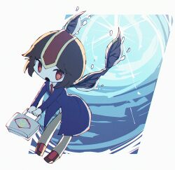 Rule 34 | 1other, androgynous, atoymk, blue coat, briefcase, brown footwear, brown hair, brown pants, chibi, chromatic aberration, coat, collared shirt, colored skin, film grain, headpiece, highres, holding, holding briefcase, kokutenshi hibaru, len&#039;en, long sleeves, necktie, no nose, open mouth, other focus, pants, red eyes, red headwear, red necktie, shirt, short hair, solo, white shirt, white skin, wings