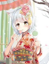 Rule 34 | 1girl, alternate costume, animal ear fluff, animal ears, bamboo, bamboo fence, bare tree, branch, commentary request, cup, dango, day, fence, flower, food, furisode, giving, hair flower, hair ornament, head tilt, highres, holding, holding skewer, incoming food, inubashiri momiji, japanese clothes, keesuke (kkosyoku), kimono, leaf, leaf print, looking at viewer, maple leaf, obi, outdoors, print kimono, sanshoku dango, sash, short hair, silver hair, skewer, solo, standing, table, tail, touhou, tree, wagashi, wolf ears, wolf tail, yellow eyes, yunomi