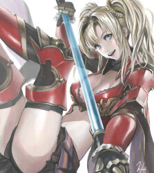 Rule 34 | 1girl, :d, absurdres, armor, bikini armor, black hairband, black skirt, blonde hair, blue eyes, breasts, cleavage, commentary request, gauntlets, granblue fantasy, hairband, highres, holding, holding polearm, holding weapon, large breasts, leg armor, legs up, looking at viewer, murasaki-sin, open mouth, pleated skirt, polearm, reclining, red armor, signature, sitting, skirt, smile, solo, spear, twintails, weapon, white background, zeta (granblue fantasy)