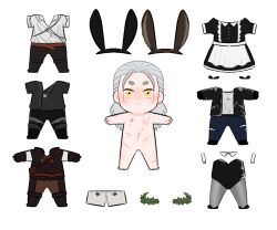 Rule 34 | 1boy, alternate costume, animal ears, apron, black jacket, black leotard, chibi, completely nude, full body, geralt of rivia, highres, jacket, jewelry, laurel crown, leather, leather jacket, leotard, long hair, maid apron, male focus, male underwear, mature male, necklace, nude, paper doll, pickleforstony, playboy bunny, rabbit ears, scar, scars all over, simple background, solo, t-pose, the witcher (series), too many, too many scars, tunic, underwear, white background, white hair, white male underwear, witcher medallion, wrist cuffs, yellow eyes